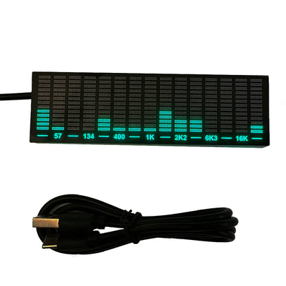 Black rectangular led music spectrum display with glowing teal bars and usb cable for ambient light atmospheric use