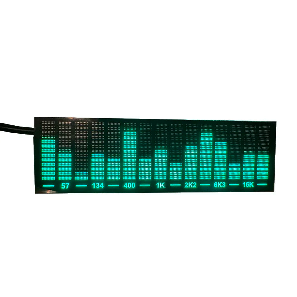 Green led sound-controlled music spectrum display strip with digital frequency indicators for ambient light atmospheric use