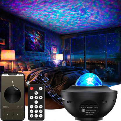 Black spherical starry sky projector with blue illuminated dome and usb music player night light remote control buttons on base
