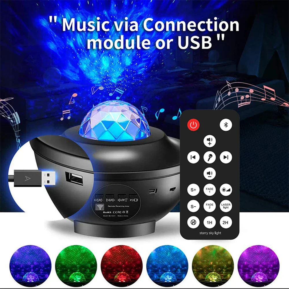 Black spherical starry sky projector with faceted blue crystal dome usb music player and night light remote control