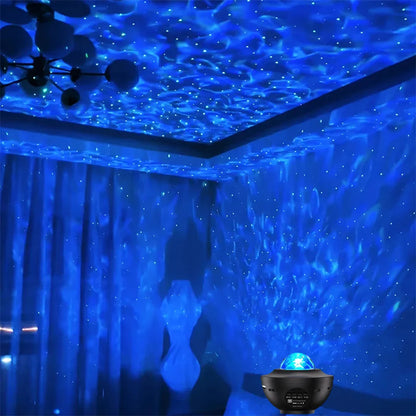 Black spherical starry sky projector with blue glowing lens casting ocean wave effect includes usb music player and night light remote