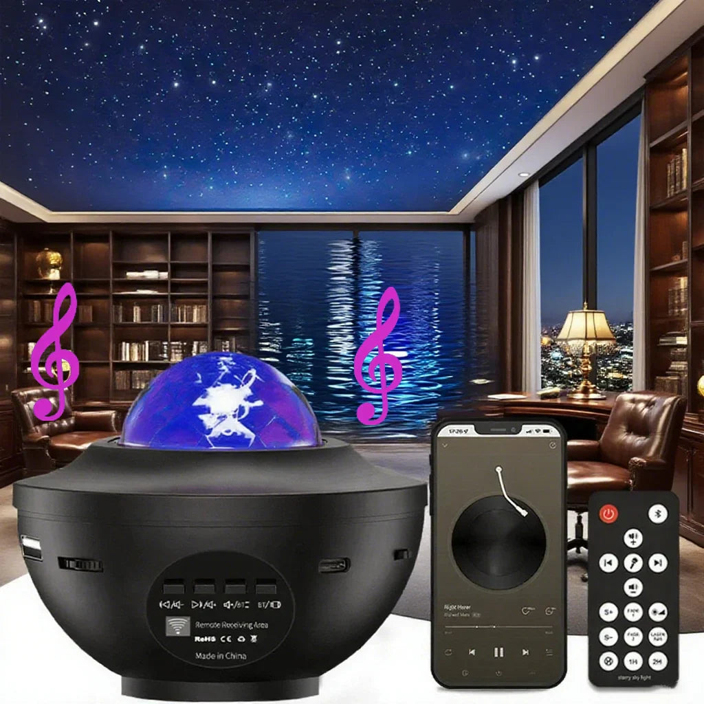 Black starry sky projector with blue dome projecting twinkling stars and musical notes with usb music player and night light remote