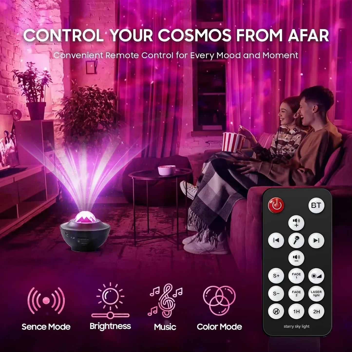 A sleek black spherical led starry sky projector night light remote with glowing purple light and usb music player features