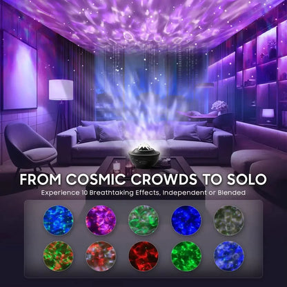 A sleek black starry sky projector night light remote casts vibrant cosmic patterns with usb music player function