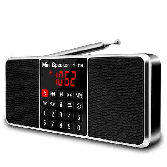 Black and silver lefon digital mini speaker y-618 with digital fm radio display keypad support tf card and extendable antenna