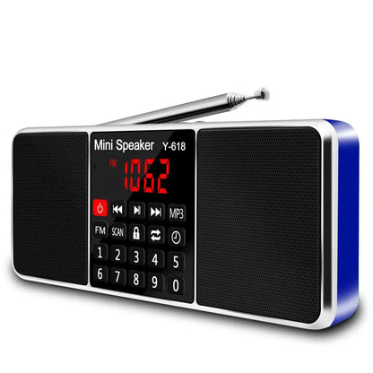 Blue and silver lefon digital fm radio speaker support tf card with black grilles red fm 106.2 display and retractable antenna