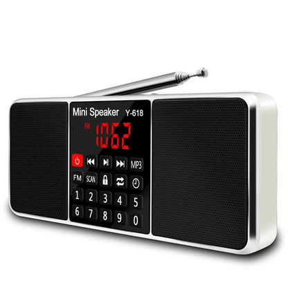 Silver and black lefon digital fm radio speaker y-618 with digital display support tf card usb and mp3 keypad controls