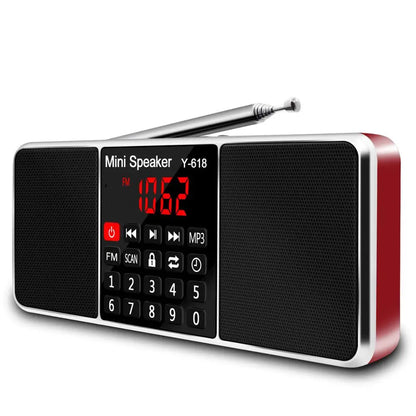 Lefon digital red and silver mini speaker y-618 with black grilles supports tf card and digital fm radio 106.2 display