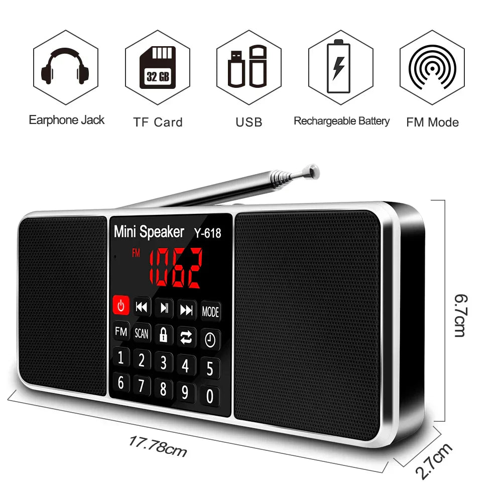 Black and silver lefon digital y-618 mini speaker with digital fm radio, support tf card, usb port, and rechargeable battery