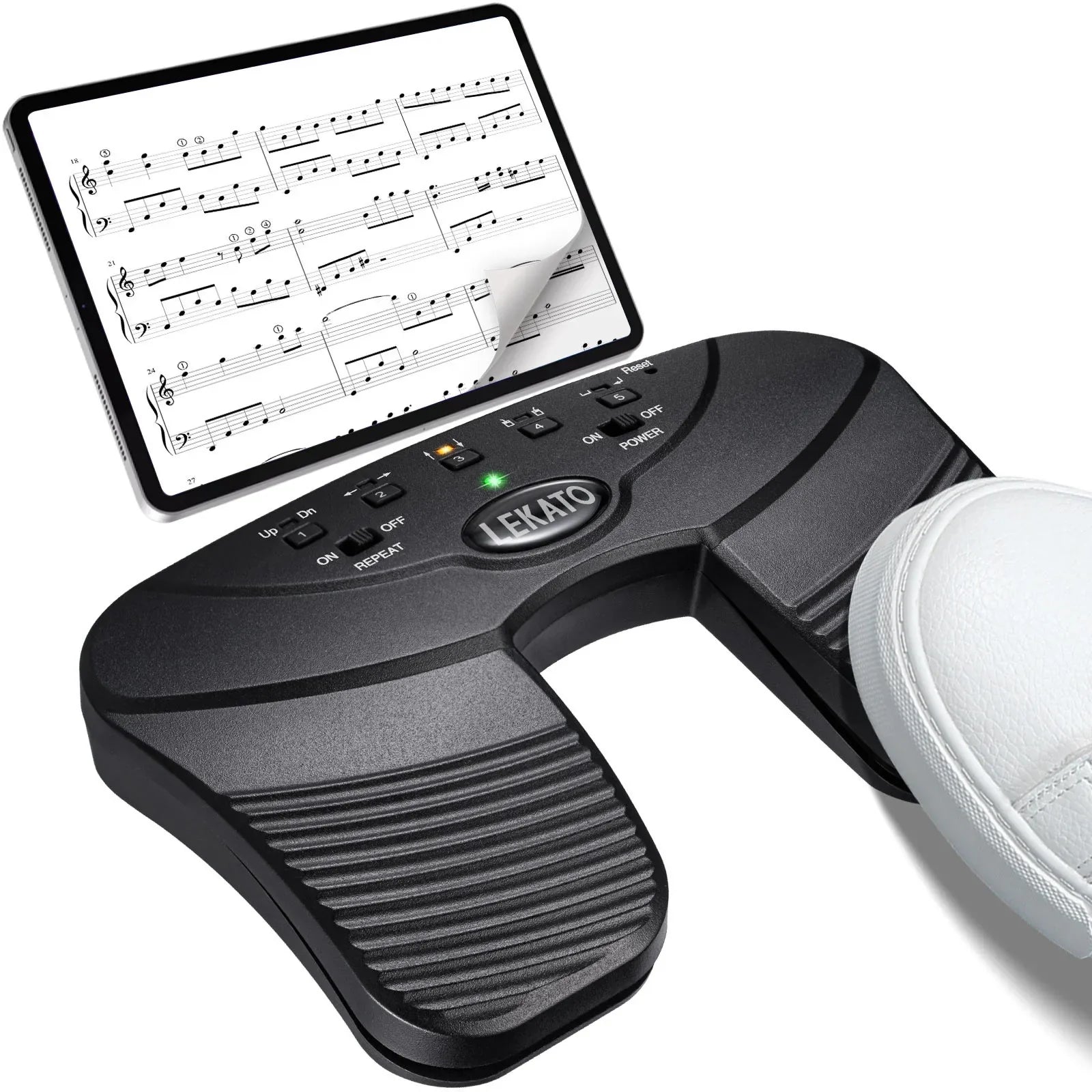 Black lekato bluetooth page turner pedal usb rechargeable with textured surfaces and illuminated control buttons