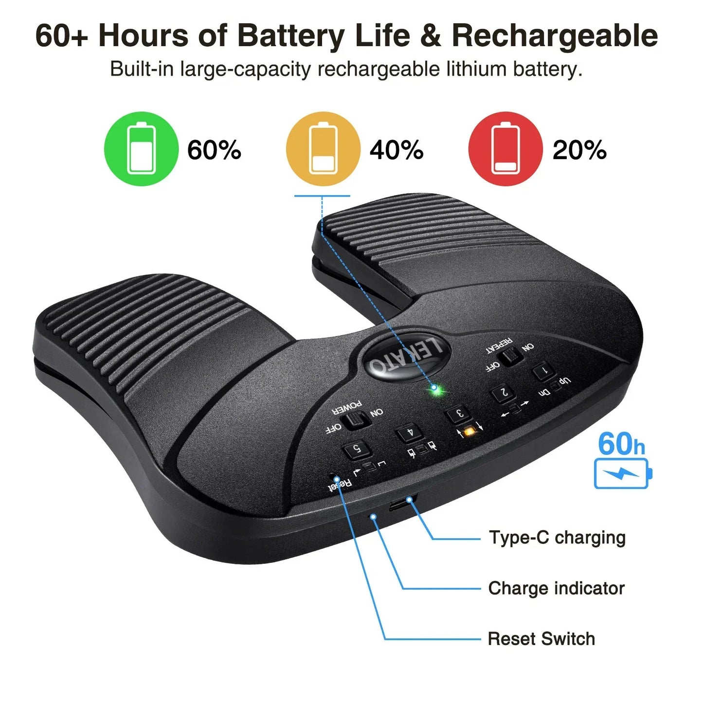 Black ergonomic wireless lekato bluetooth page turner pedal usb rechargeable with type-c charging port for tablets