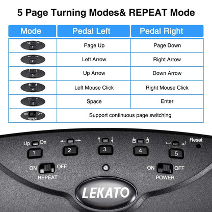 Black plastic lekato bluetooth page turner pedal usb rechargeable with five function keys and power repeat switches