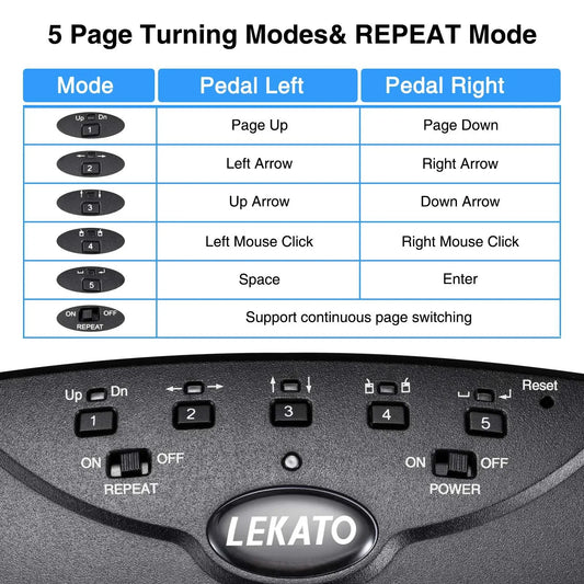 Black plastic lekato bluetooth page turner pedal usb rechargeable with five function keys and power repeat switches