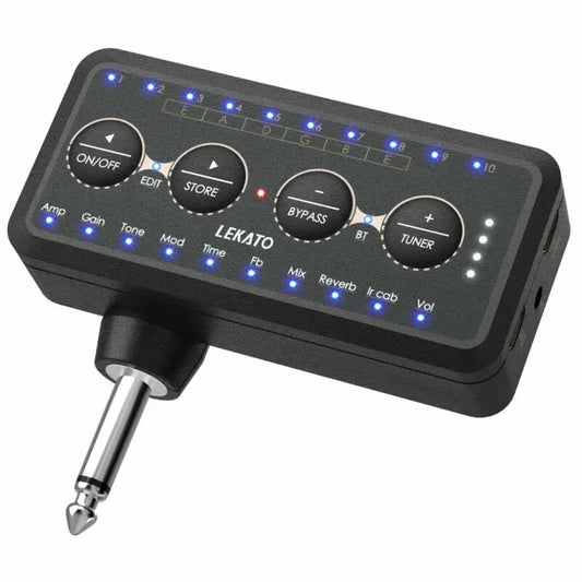 Black lekato electric guitar multi-effects pedal with blue led indicators and four control knobs for recording music bypass