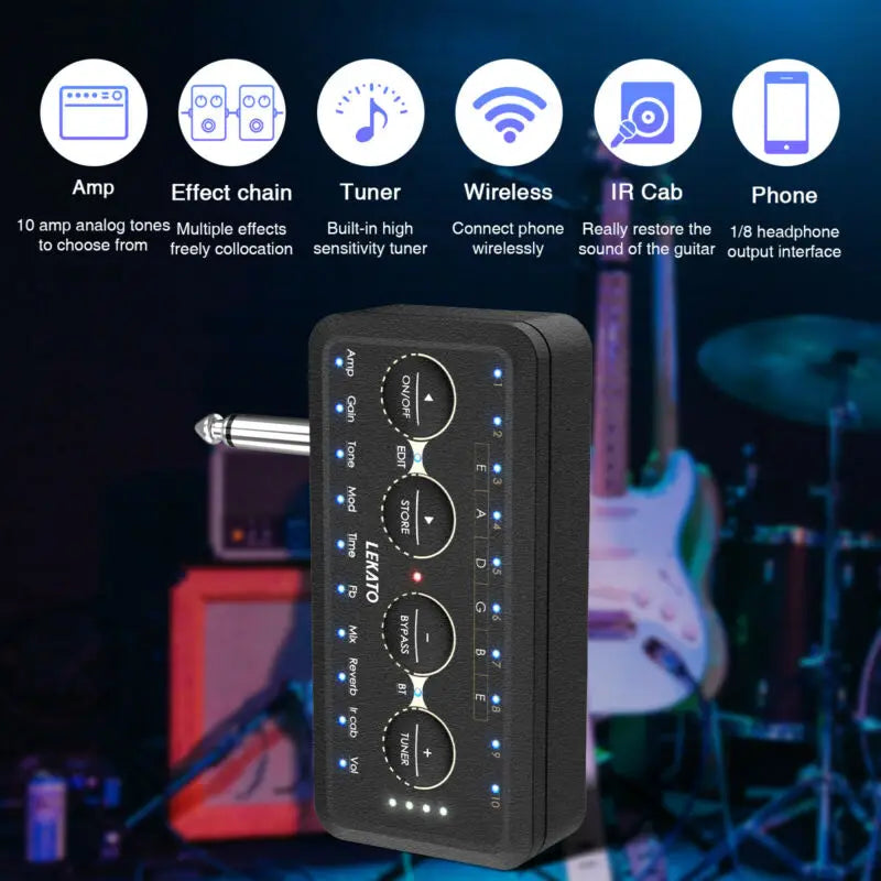 Black rectangular lekato electric guitar wireless guitar headphone amplifier with multiple knobs and recording music bypass mode