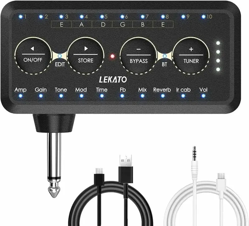 Black lekato electric guitar headphone amplifier pedal with blue led indicators and multiple control knobs for recording music bypass