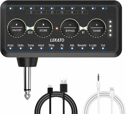 Black lekato electric guitar headphone amplifier effects pedal with blue led indicators and recording music bypass controls
