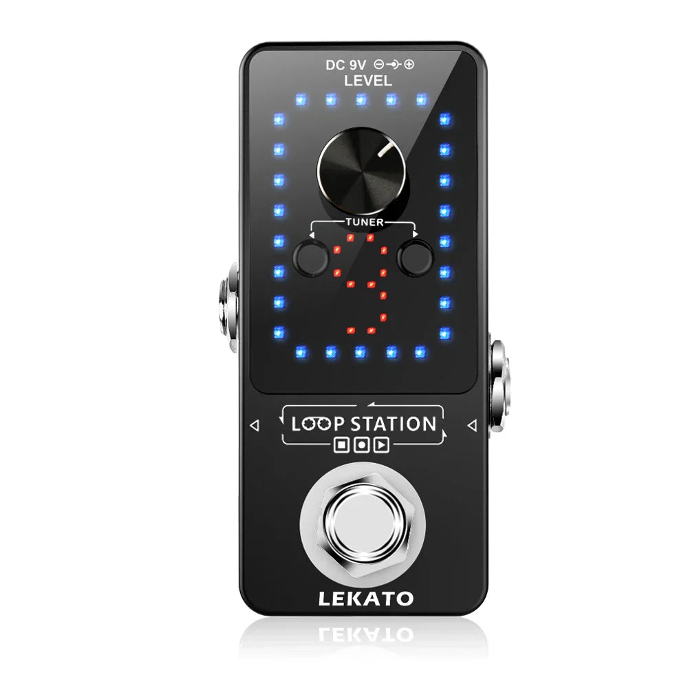 Black lekato guitar effect pedal looper with blue and red led display silver footswitch and central tuner knob time loop station