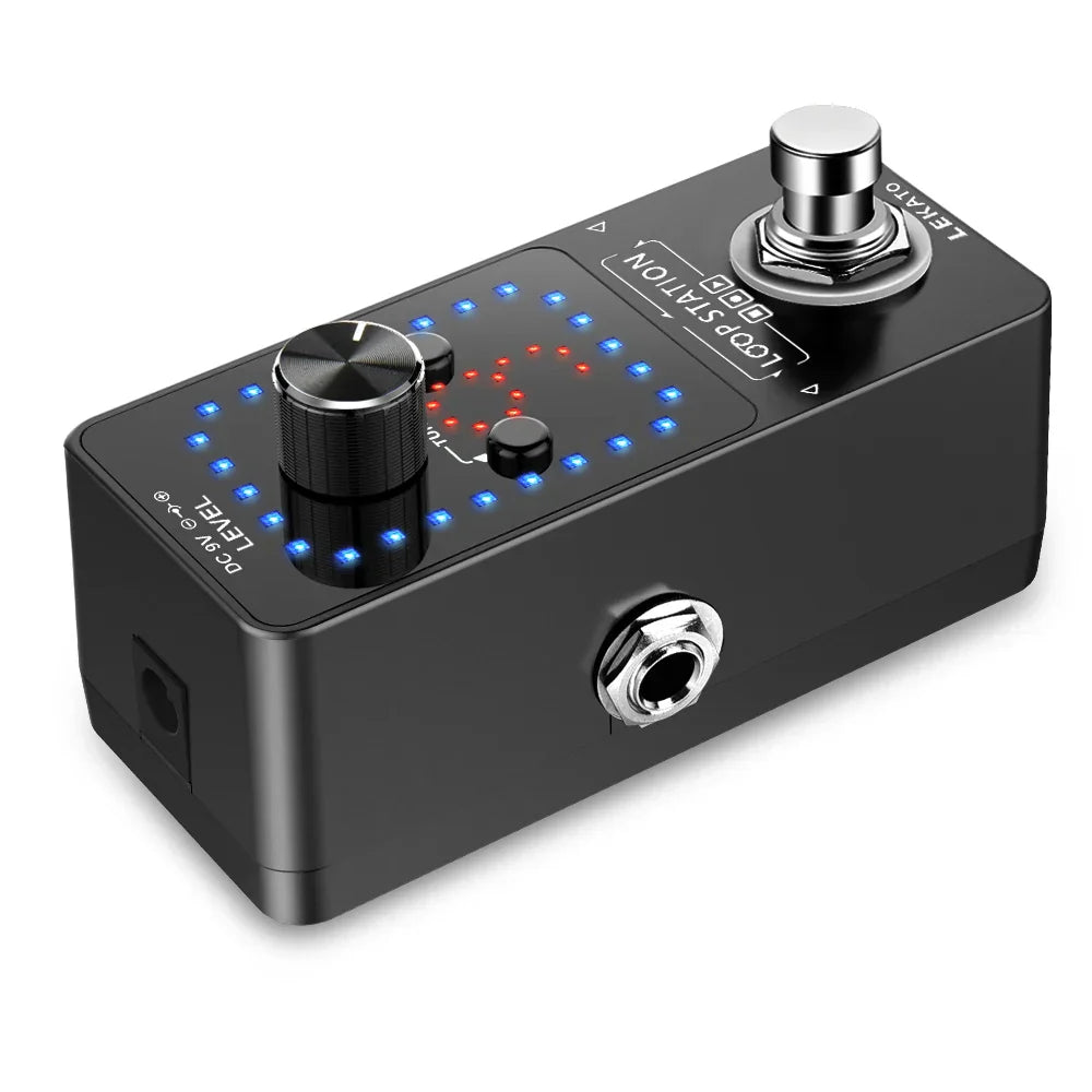 Black lekato guitar effect pedal loop station with silver knobs led lights tuner overdub guitar looper 40 minutes recording time