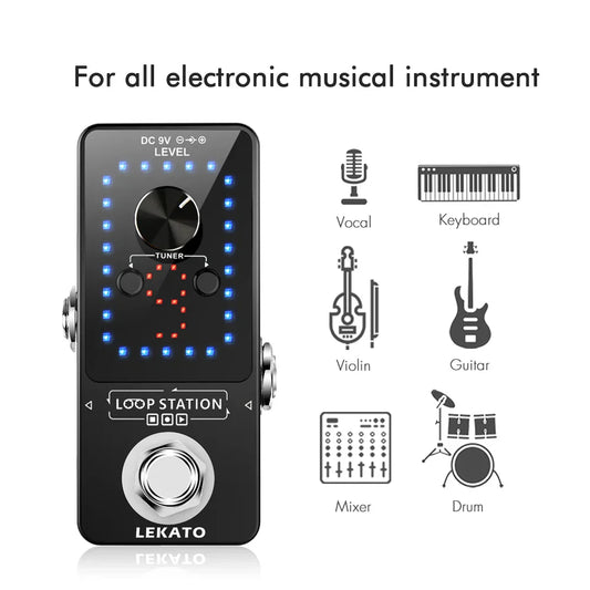 Black lekato guitar effect pedal looper with blue led digital display tuner dial for time loop station and tuner overdub guitar use
