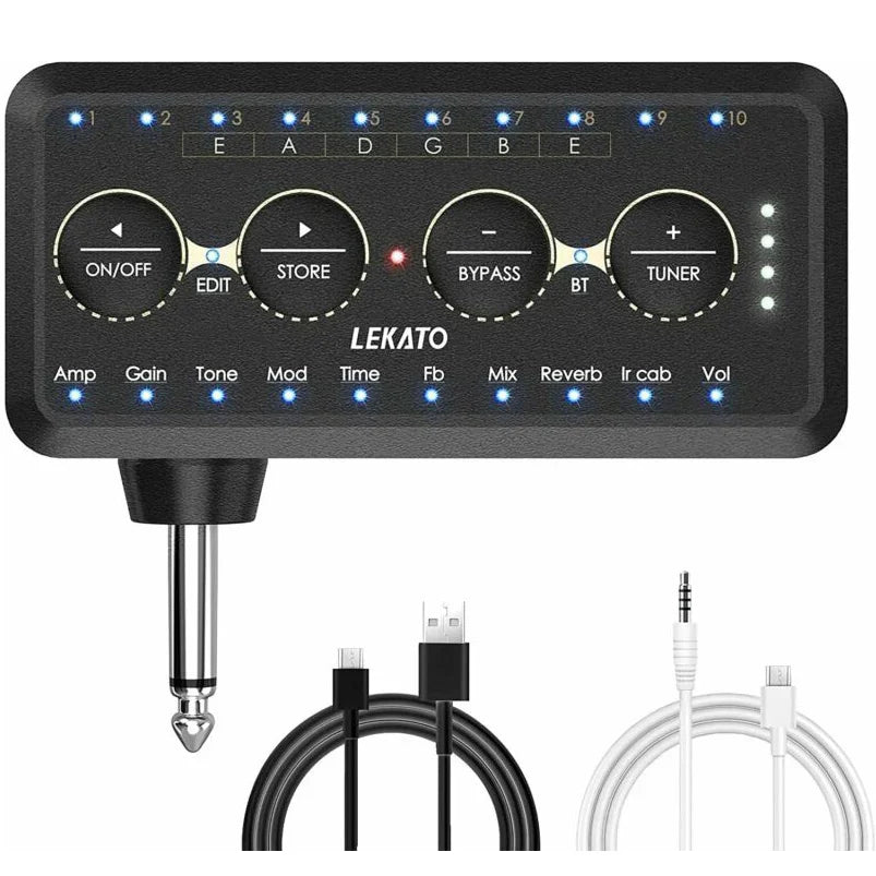 Black lekato guitar plug effects pedal with blue led indicators and control knobs for bass sound pedal and headphone mini amplifier