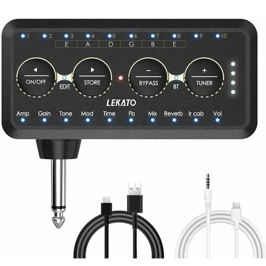 Black lekato guitar plug effects pedal with blue led indicators and control knobs for bass sound pedal and headphone mini amplifier