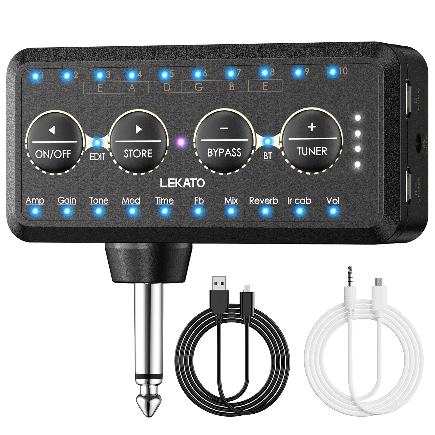 Black lekato guitar plug effects pedal with blue led indicators and four knobs for amp tone mod and time settings in bass sound pedal