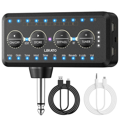 Black lekato guitar plug effects pedal with blue led indicators and four knobs for amp tone mod and time settings in bass sound pedal