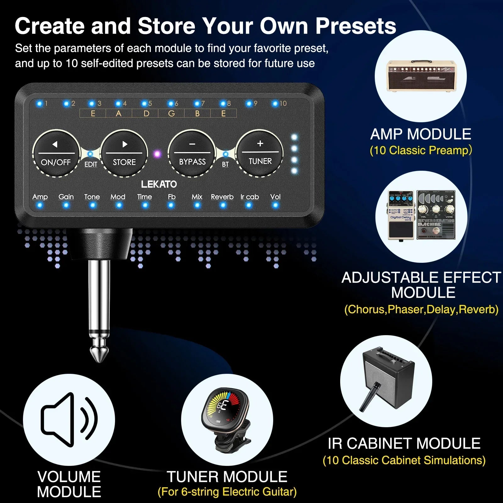 Black lekato guitar plug headphone mini amplifier pedal with blue led indicators and silver 6.35mm bass sound input jack