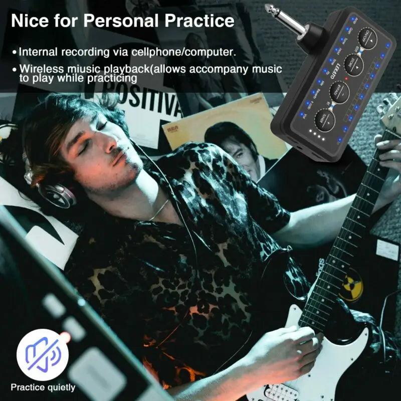 Black lekato guitar plug headphone mini amplifier with illuminated knobs and 3.5mm jack for bass sound pedal use