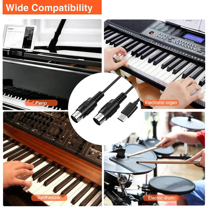 Black usb-to-midi cable with metallic connectors lekato midi to usb c type c cable for music keyboards and pc with indicator light