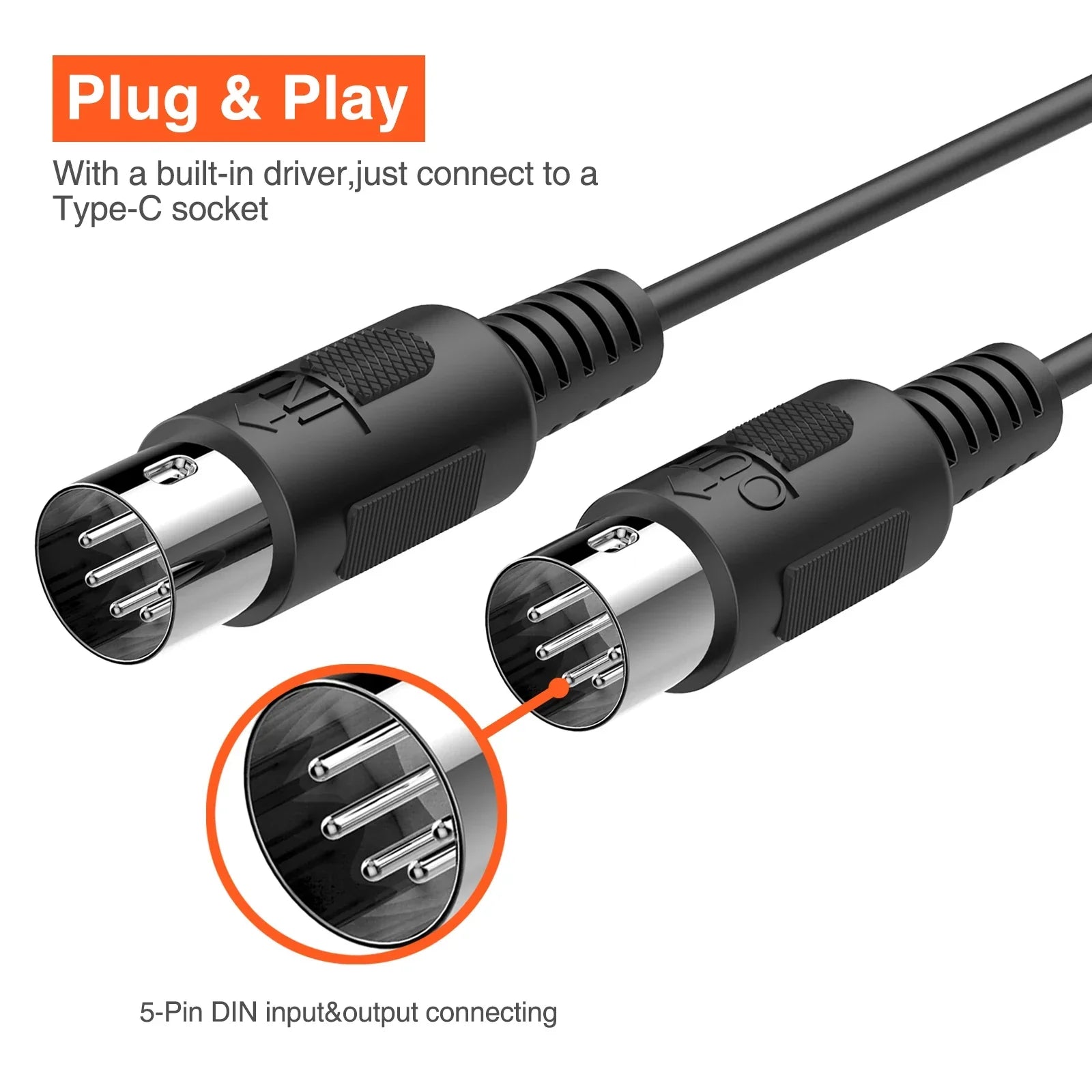 Black lekato midi to usb c type c cable with two 5-pin din connectors and indicator light for guitar transmitter use