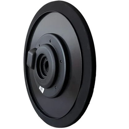 Black circular industrial pulley with central hub and mounting bracket for lemon drum cymbal electronic drum kit use