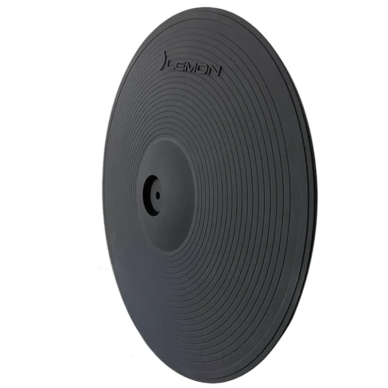 Black lemon drum cymbal with concentric grooves and embossed logo for electronic drum kit use