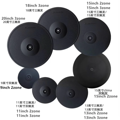 Black electronic drum pads with matte finish and concentric grooves paired with lemon drum cymbal 15 inch crash and 9 inch 2zone