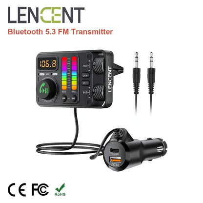 Black lencent bluetooth 5.3 car fm transmitter with colorful led equalizer bass music player and usb-c fast charger adapter