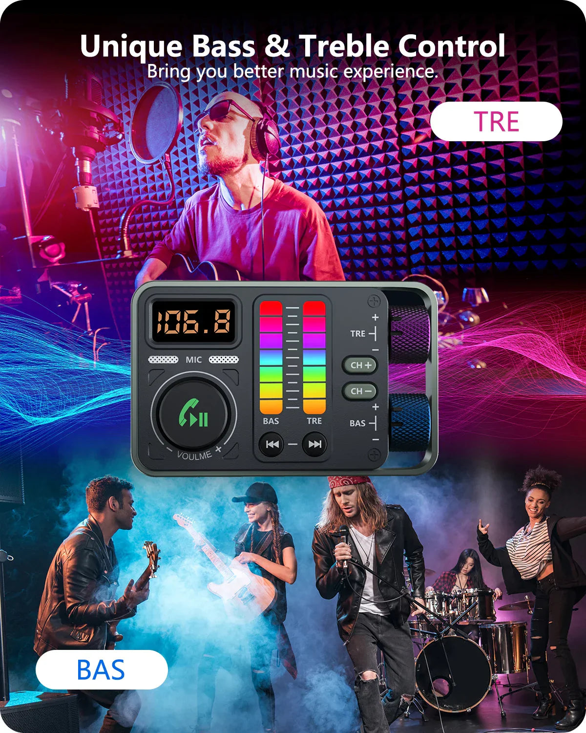 Black rectangular audio equalizer with colorful bars and bass treble controls on the lencent bluetooth car fm transmitter bass music player