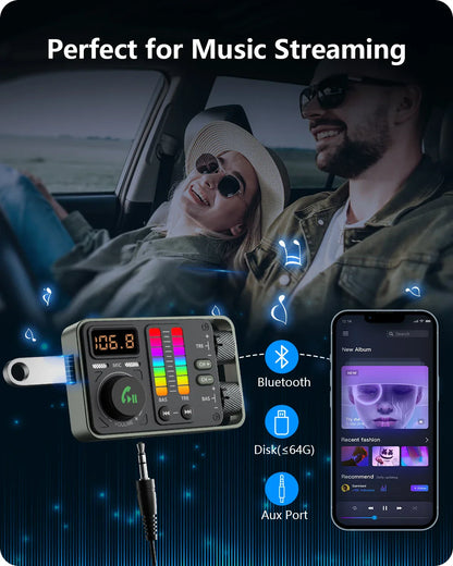 Black and silver LENCENT bluetooth car fm transmitter with colorful led display and multiple connectivity ports for bass music player