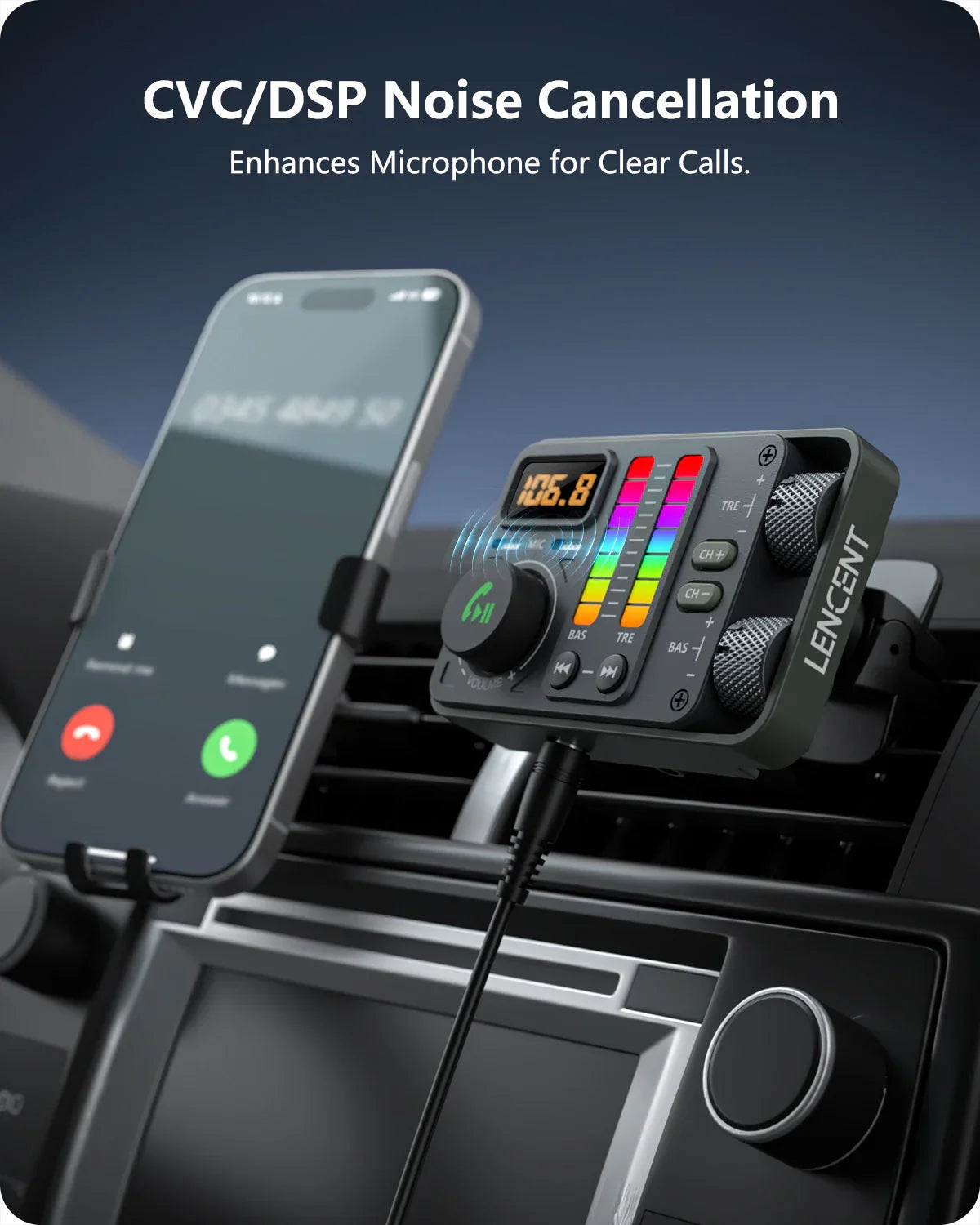 Black lencent bluetooth car fm transmitter with colorful led display and knobs for bass music player audio control
