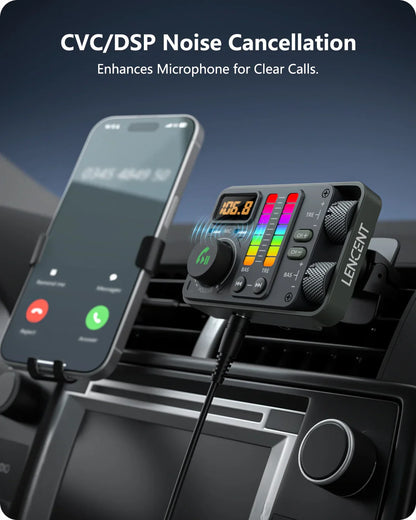 Black lencent bluetooth car fm transmitter with colorful led display and knobs for bass music player audio control