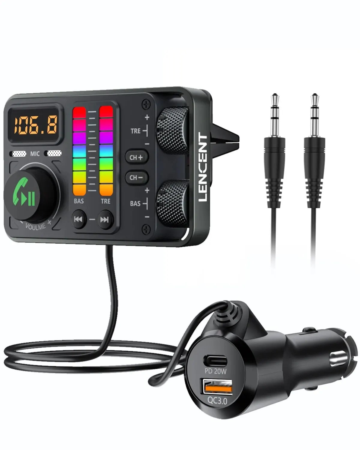 Black lencent bluetooth car fm transmitter with digital display colorful equalizer bars and usb-c qc3 0 fast charger