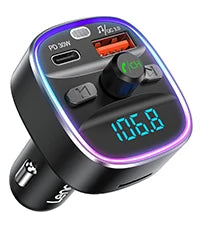 Black LENCENT car adapter with purple led display multiple ports supports hands-free calling wireless radio and fast charging