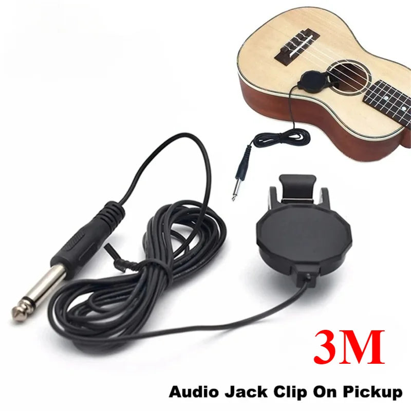 Black length 3m audio jack clip on sound pickup transducer with coiled cable for guitar mandolin bouzouki and ukulele