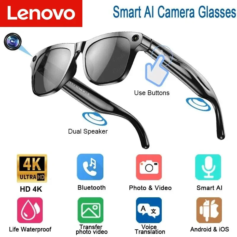 Black lenovo 4k hd ai smart glasses with integrated 800w pixel camera lens offering real-time translation and first-person perspective