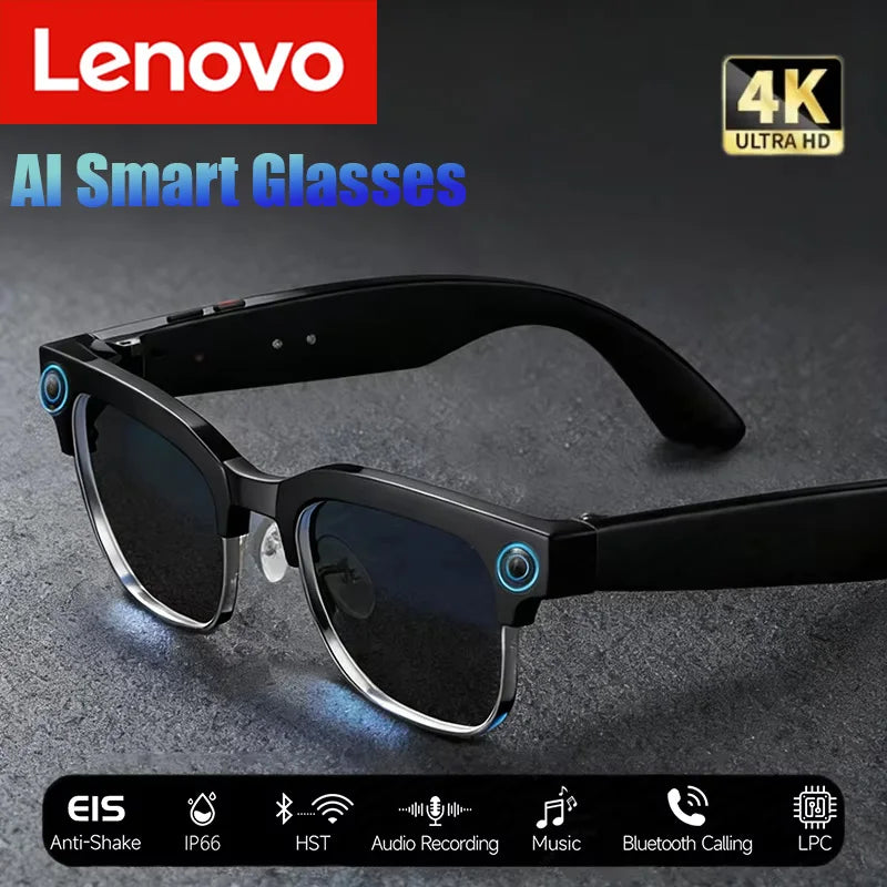 Black Lenovo 4K HD AI smart glasses with sleek frames and blue-accented lenses featuring real-time translation and bone conduction