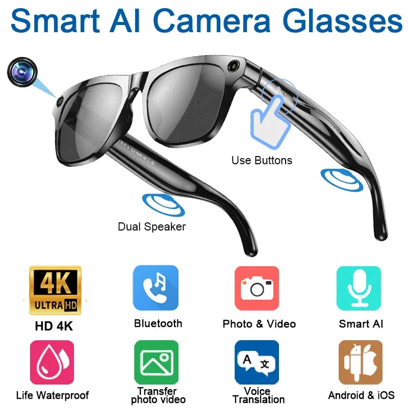 Black-framed Lenovo 4K HD AI smart glasses with dark lenses, bone conduction speakers, real-time translation, and first-person perspective camera