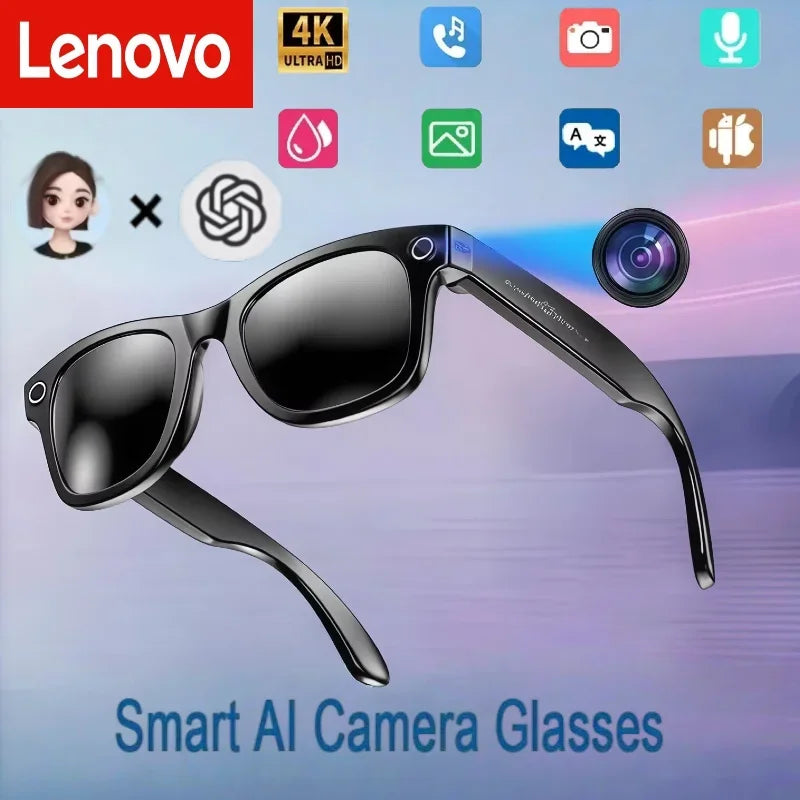 Lenovo 4k hd ai smart black-framed camera glasses with 800w pixel lens for real-time translation and first-person perspective