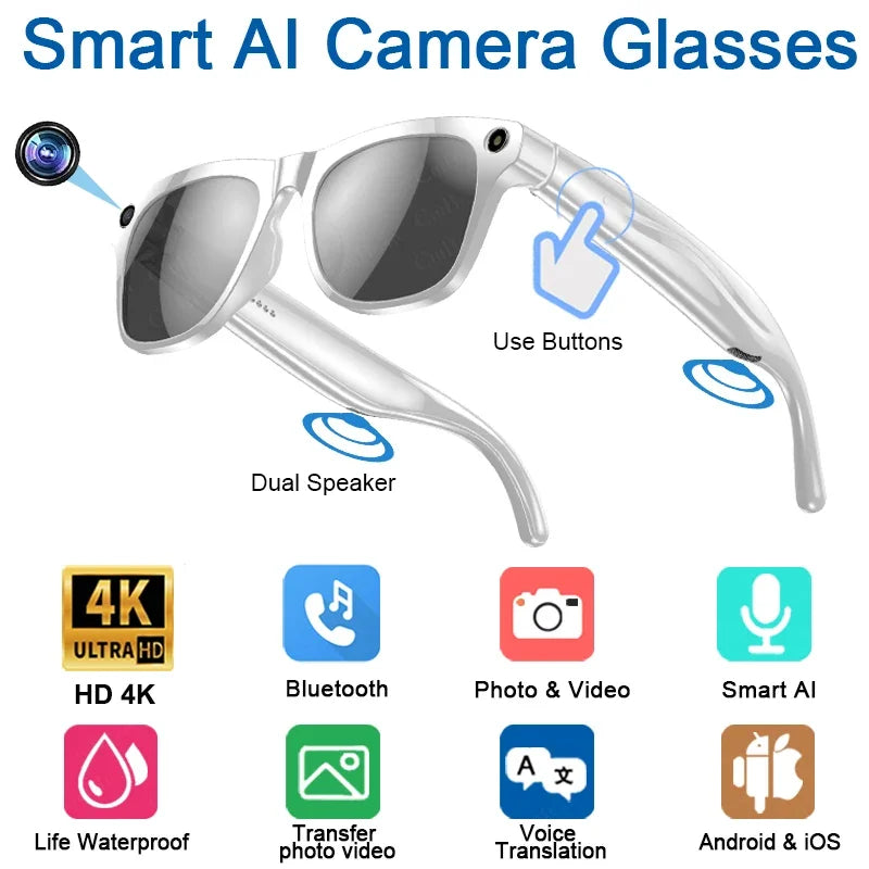 White-framed Lenovo 4K HD AI smart glasses with dark lenses, bone conduction speakers, real-time translation, and camera