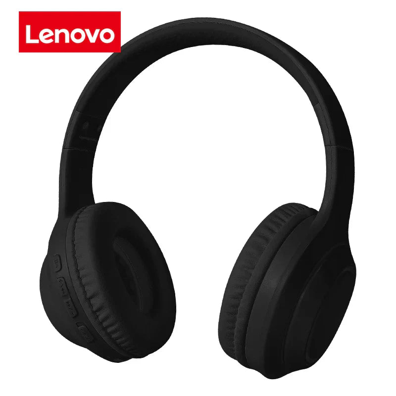 Black Lenovo wireless over-ear headphones with padded earcups feature 9D surround bass and noise cancelling sports gaming design