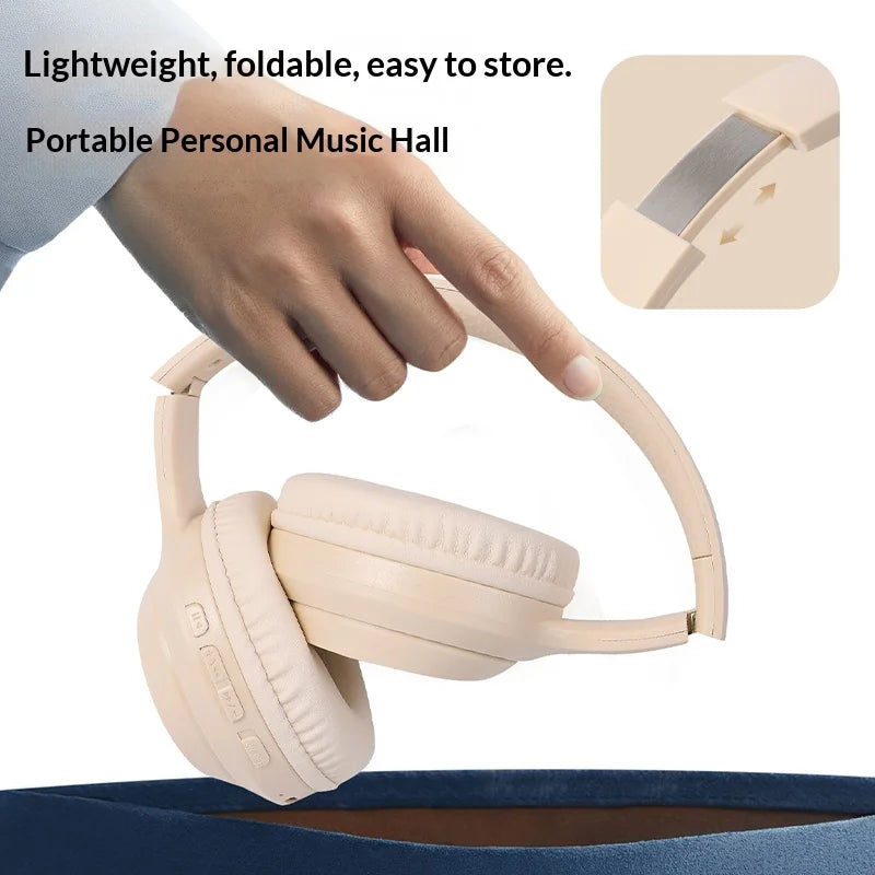 Beige foldable Lenovo Bluetooth 5.3 headphones 9d surround with soft padded earcups for noise cancelling sports gaming
